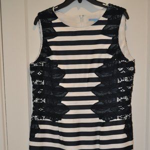 White/Navy Blue Striped Dress Lace Trim Sleeveless